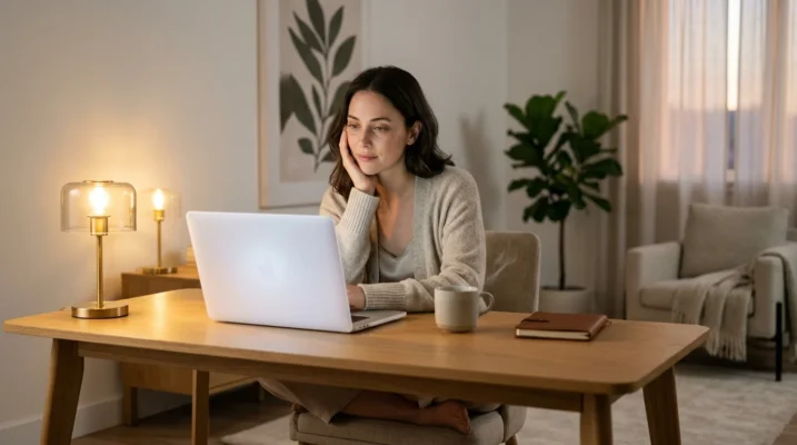 Woman touching her cheek while working at a laptop — blue light exposure and protecting skin in the age of digital screens