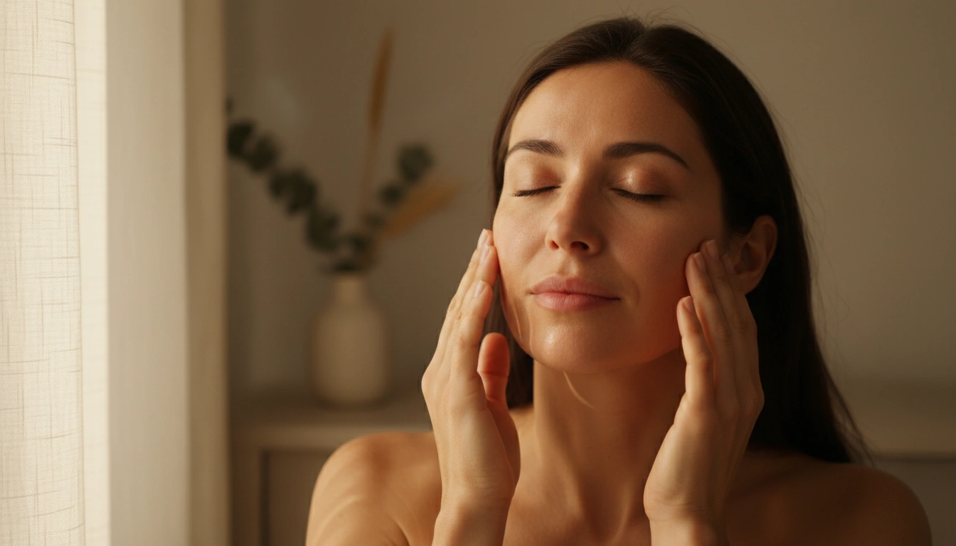 Woman pressing natural facial oil into her cheeks in soft morning light — botanical skincare ritual and slow beauty practice