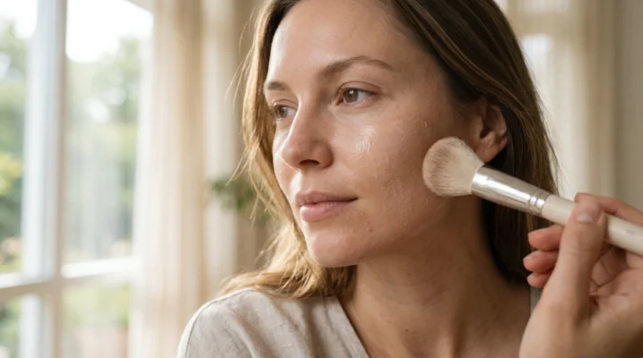 Extreme close-up of skin with breathable foundation coverage, showing natural texture and a unified luminous tone.