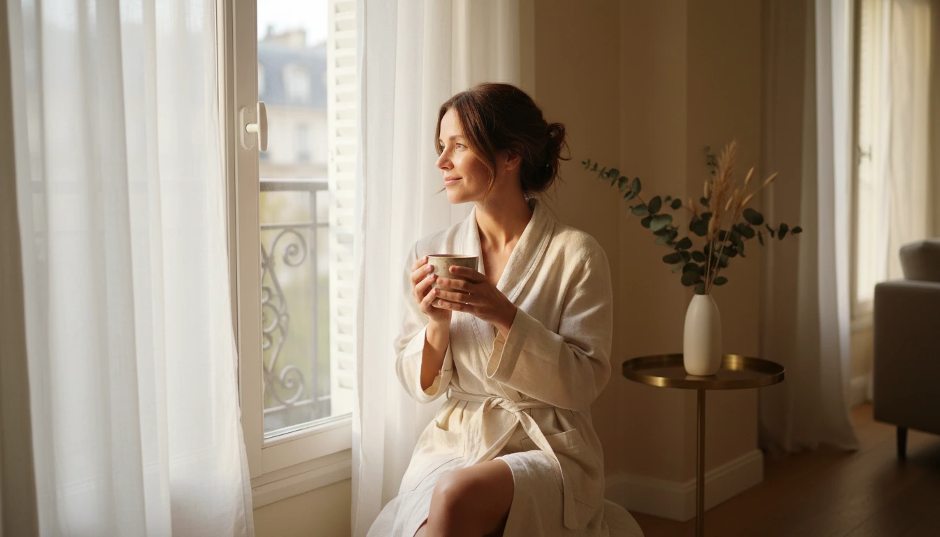 Woman with healthy glowing balanced skin sitting peacefully by a window — results of a gentle microbiome skincare routine for sensitive skin.