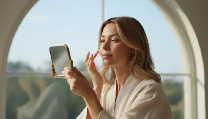 Woman applying cream blush with fingertips during her calming makeup routine by the window