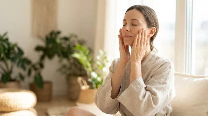 With her eyes closed, the woman savors a moment of peace, gently caressing her face.