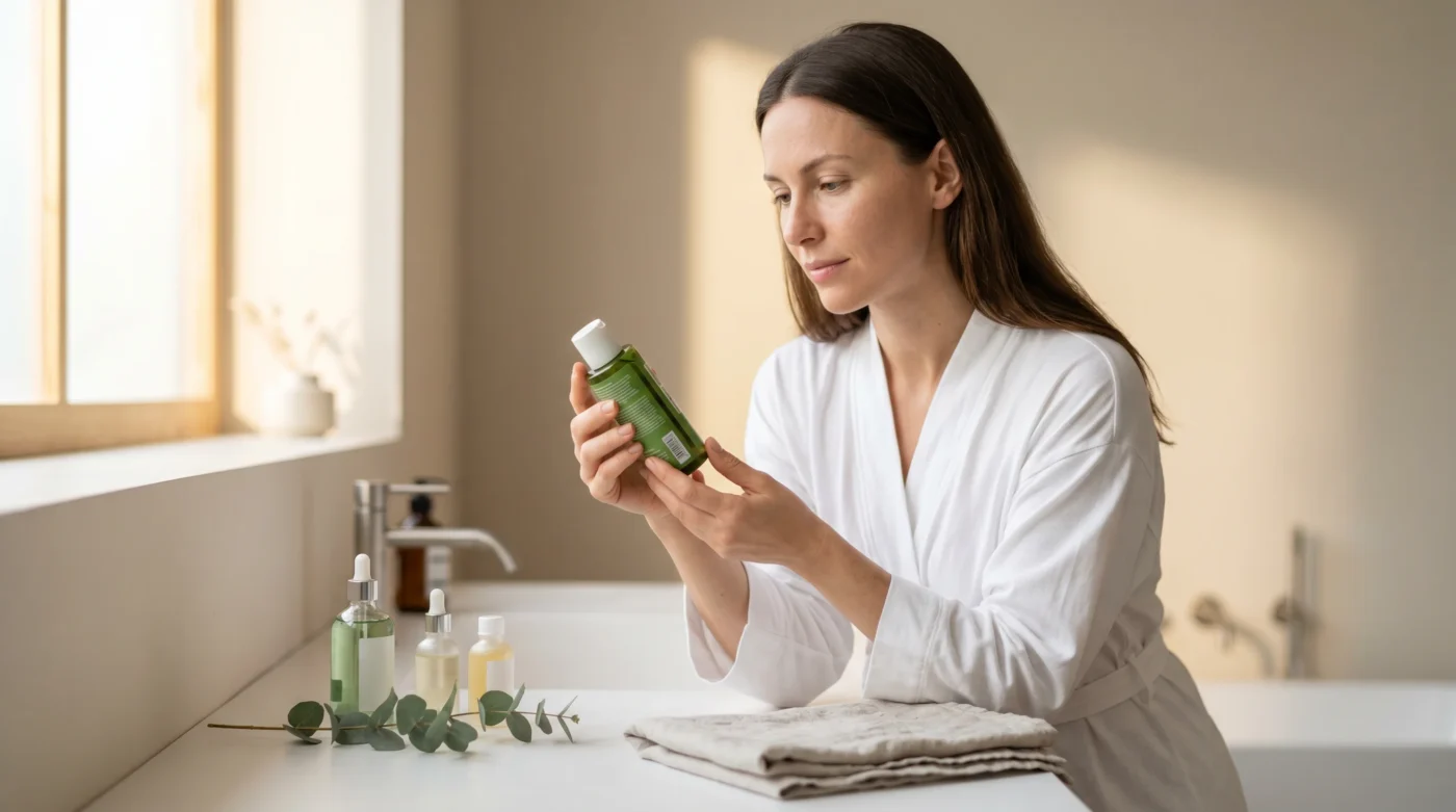 Woman reading the ingredient label on a green skincare bottle in a bright bathroom, illustrating clean beauty transparency.