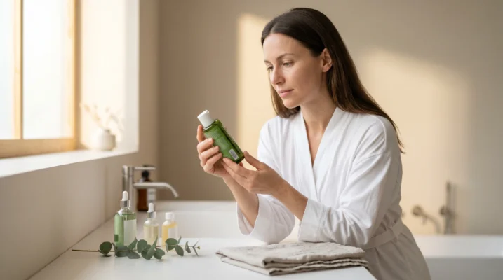 Woman reading the ingredient label on a green skincare bottle in a bright bathroom, illustrating clean beauty transparency.