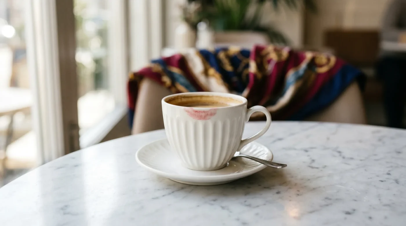 A subtle red lipstick mark on a white ceramic coffee cup, illustrating the daily ingestion of lip products.