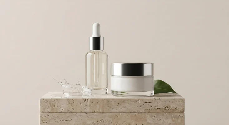 Luxury skincare-infused makeup packaging on a natural stone surface with water accents, illustrating clean ingredients.