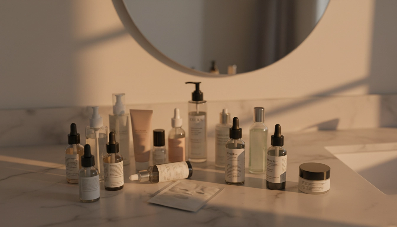 Cluttered bathroom counter with multiple half-used skincare products illustrating skincare overload before adopting skin fasting