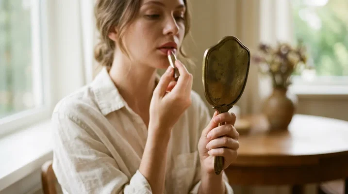 A woman performing her daily lipstick ritual, emphasizing the intimacy and safety of clean beauty products.