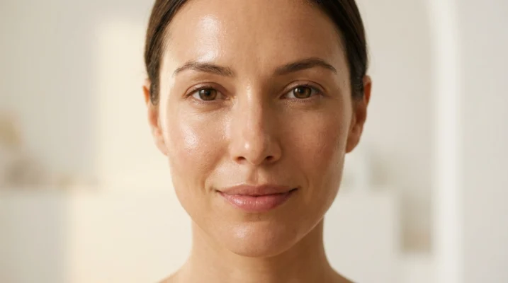 A confident woman with a healthy, glowing complexion, illustrating the long-term results of a consistent and correct skincare serum routine.