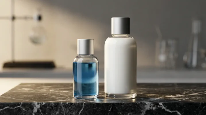 Two minimalist glass skincare bottles, one with distinct blue copper peptide liquid, on a marble surface, representing advanced scientific formulation.