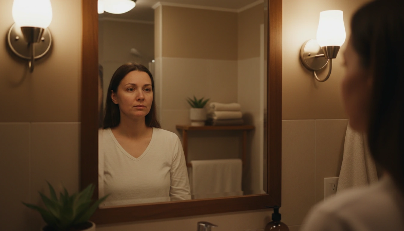 Woman with subtle cortisol face puffiness looking in bathroom mirror at night