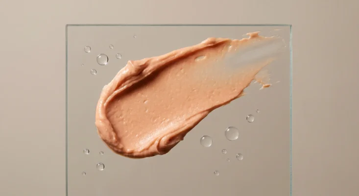 Detailed macro shot of a peach-toned cream makeup swatch showing a smooth, hydrating texture.