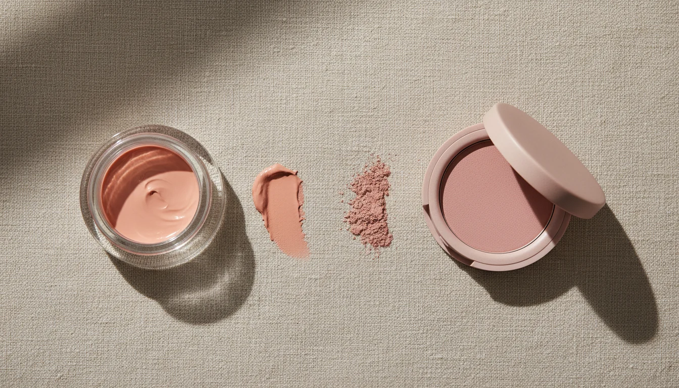 Cream blush pot and powder blush compact side by side with swatches, showing cream vs powder makeup texture difference