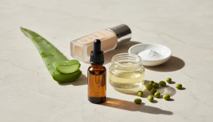Flat lay of skin barrier friendly cream makeup ingredients including hyaluronic acid, squalane, niacinamide, and jojoba on marble
