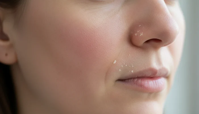 Close-up of a damaged skin barrier showing mild redness and small dry flaky patches on a woman's cheek