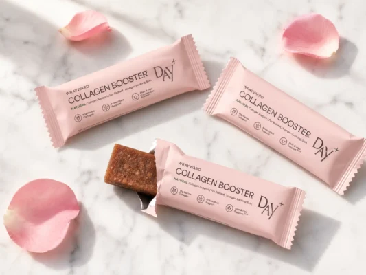 DAY+ pink Collagen Booster Bar on a marble surface — on-the-go French wellness snack