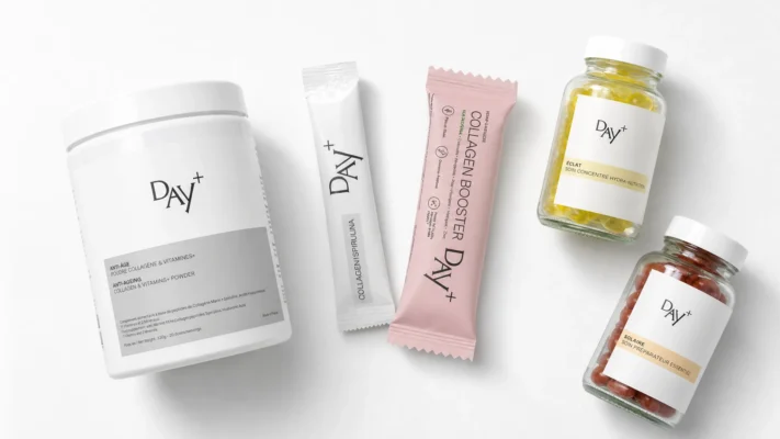 DAY+ full supplement range — collagen powder, spirulina stick, capsules and collagen booster bar arranged on white surface