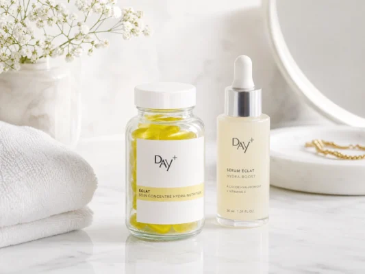 DAY+ Éclat capsules bottle next to a luxury face serum on a vanity — holistic in and out beauty routine