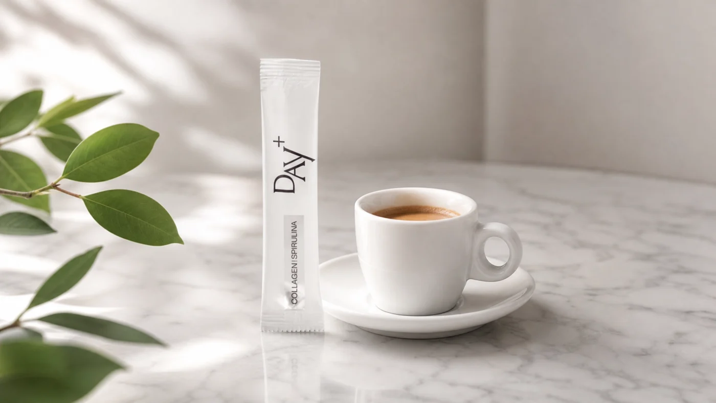 DAY+ collagen spirulina liquid stick alongside a morning espresso on a marble surface — French wellness ritual