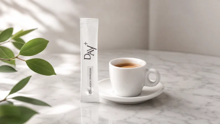 DAY+ collagen spirulina liquid stick alongside a morning espresso on a marble surface — French wellness ritual
