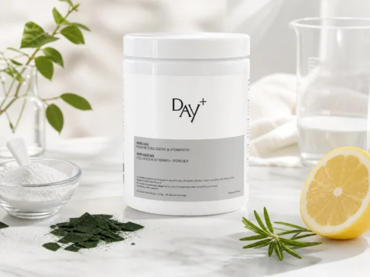 DAY+ Anti-Age Collagen and Vitamins powder jar with natural ingredients — marine collagen, spirulina, hyaluronic acid