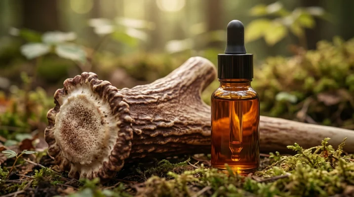 A textured macro shot of raw deer velvet next to a premium amber skincare bottle, symbolizing the potent, natural origin of growth factors.