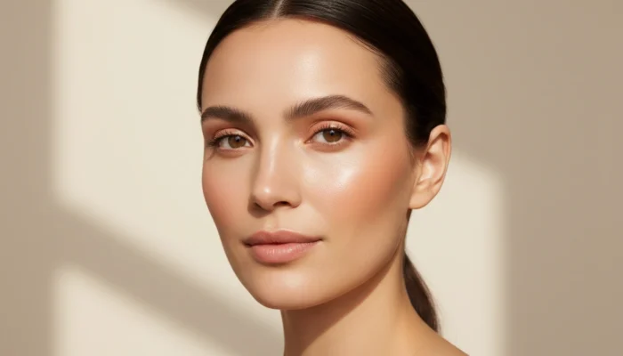 Woman with dewy skin-like makeup and soft cream blush showing a natural editorial finish from niche beauty brands