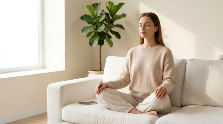 Woman sitting peacefully with phone face-down — intentional digital detox for skin health and mental wellbeing