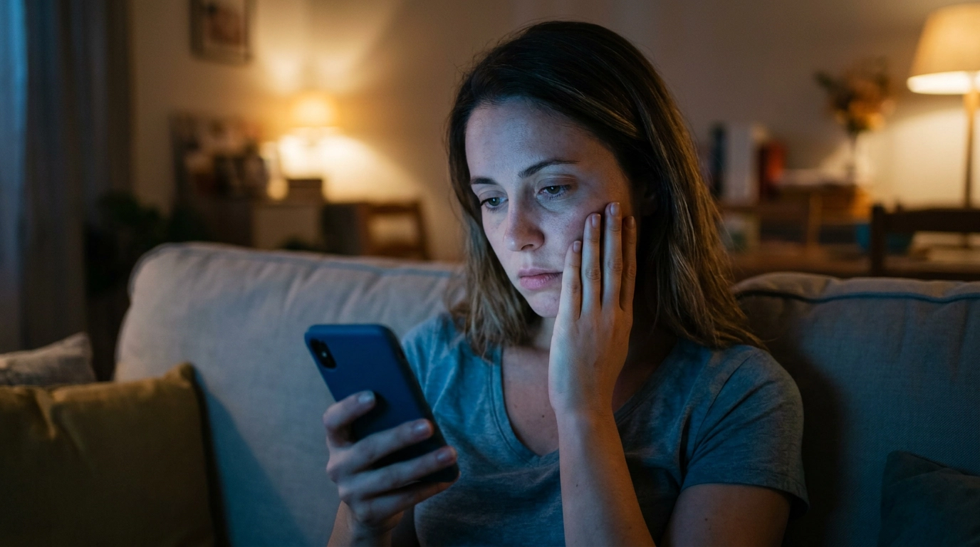 A tired woman stares at her phone screen, illuminated by a blue light, late at night.