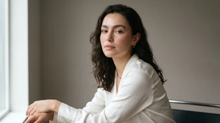 A woman showcasing a complete minimalist makeup look with a radiant finish, wearing a silk blouse.