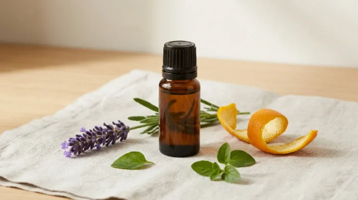 Amber essential oil bottle with lavender, citrus peel and green leaves on linen, illustrating essential oils in skincare and irritants for sensitive skin.