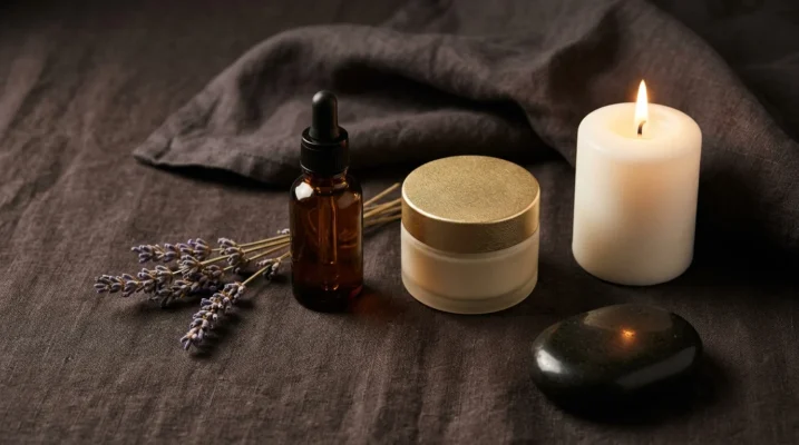 Luxury evening skincare flat lay with candle, serum and cream — nighttime ritual for skin resilience and cellular regeneration
