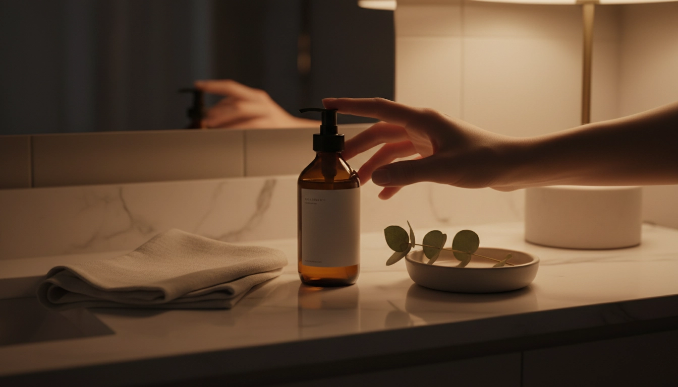 Evening skincare ritual with amber glass bottle on marble bathroom shelf — Evolve Organic Beauty review