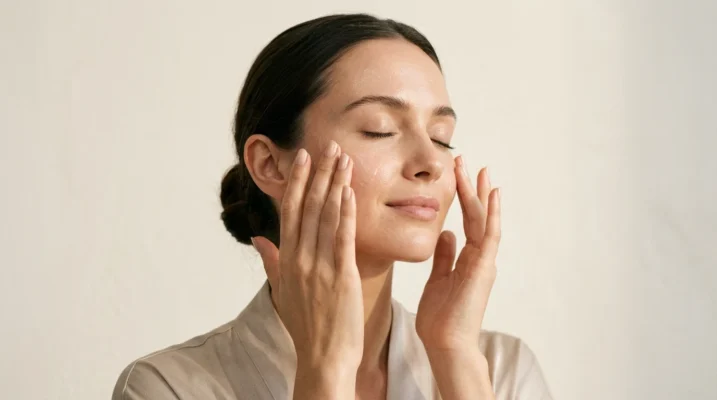 Woman applying serum to glowing skin — evening skincare ritual for barrier repair and antioxidant protection from blue light