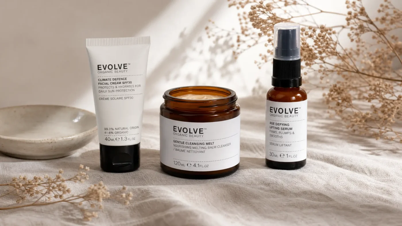 Evolve Organic Beauty products in amber glass packaging — clean beauty routines