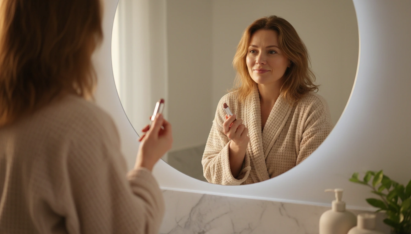 Tired woman in a beige robe choosing a dusty rose lipstick in front of a soft morning mirror — the psychology of lipstick colors in everyday life.