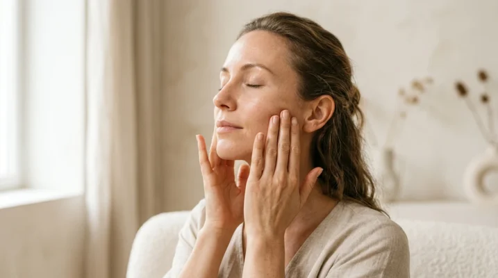 Woman performing gentle facial massage — evening skincare ritual for post-burnout skin resilience and lymphatic drainage