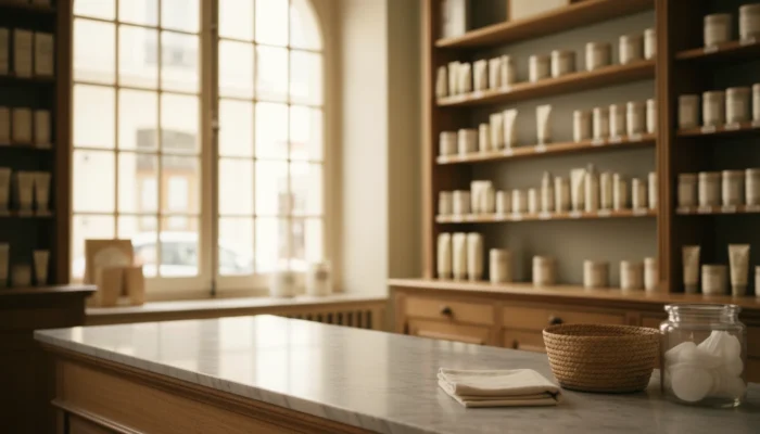 Classic Parisian pharmacy interior with wooden shelves and minimalist apothecary bottles representing the French skincare philosophy behind Typology.