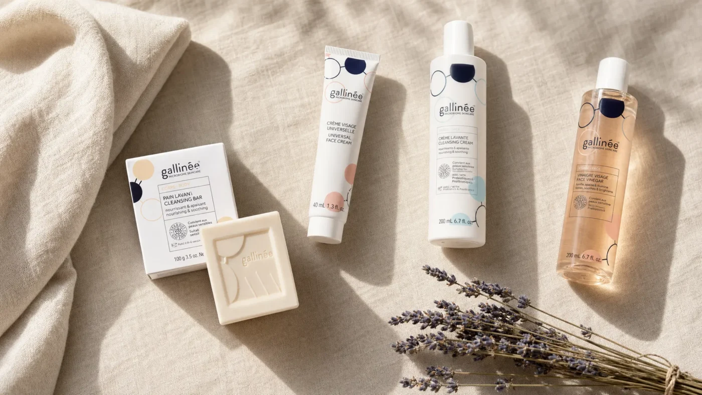 Gallinée Cleansing Bar, Universal Face Cream, Cleansing Cream and Face Vinegar arranged as a flat lay — microbiome friendly cleanser selection.