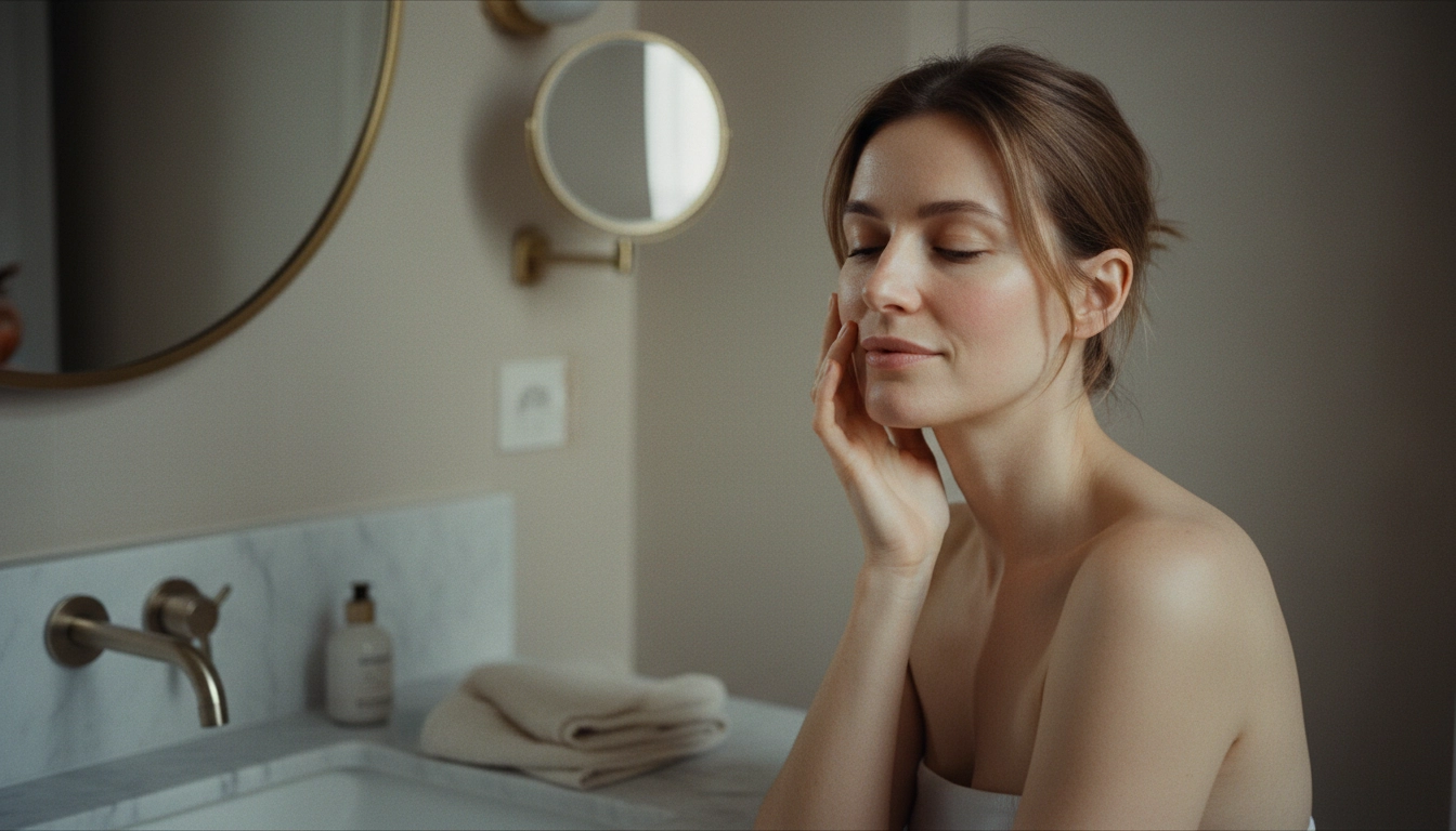 Woman gently touching her bare clean face in front of a softly lit bathroom mirror — Gallinée review on stopping over-cleansing.