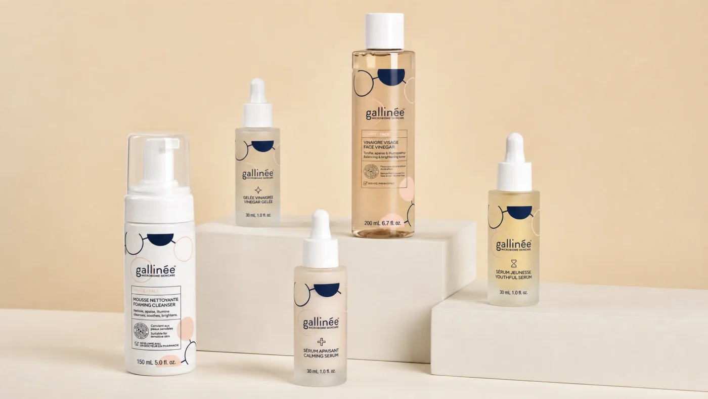 Gallinée Foaming Cleanser, Vinegar Gelée, Face Vinegar, Youthful Serum and Calming Serum displayed together — full microbiome skincare routine.