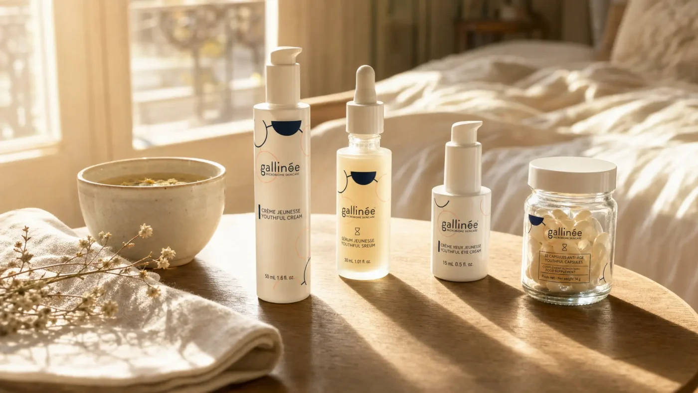 Gallinée Youthful Cream, Youthful Serum, Eye Cream and Capsules on a bedside table — calm microbiome skincare routine morning setup.