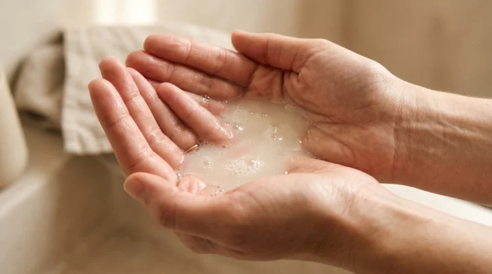 Close-up of a translucent, non-foaming gentle cleanser in hands, representing the gentle foundation needed before applying a treatment serum.