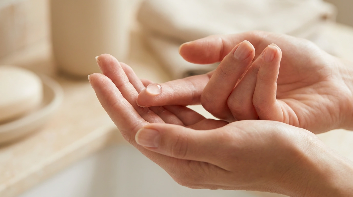 Woman applying lightweight serum drop on fingertips — gentle sensitive skin biotech skincare ritual