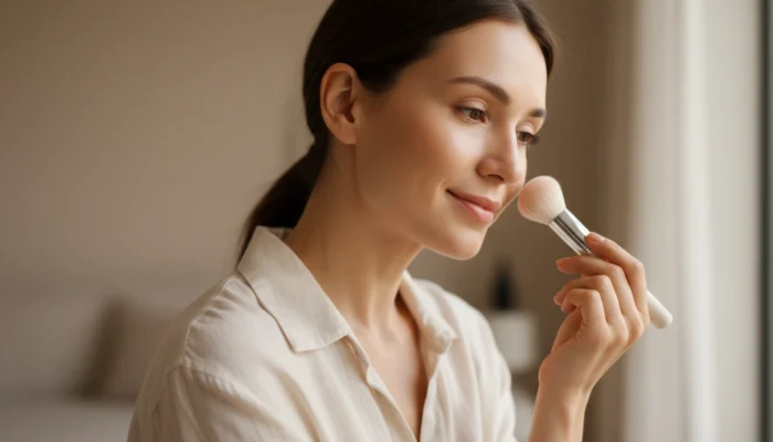 Woman with calm glowing skin gently applying soft brush in soft morning light using sensory friendly makeup