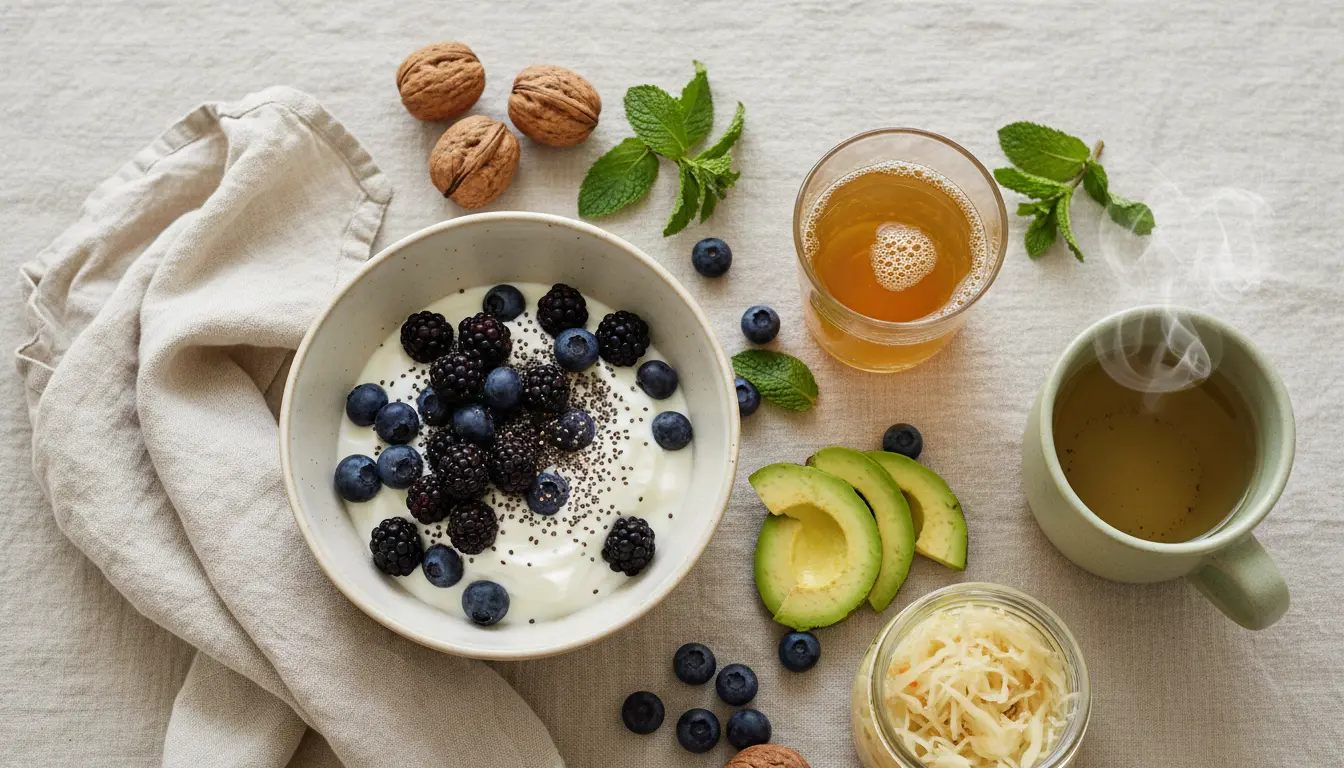 Probiotic foods, kombucha, yogurt and fiber-rich breakfast supporting the gut-skin axis and skin microbiome wellness routine