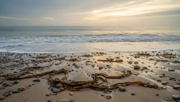 Margate coastline at low tide with bladderwrack seaweed scattered on shingle, inspiration behind Haeckels marine skincare brand UK