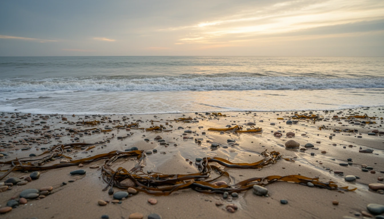 Margate coastline at low tide with bladderwrack seaweed scattered on shingle, inspiration behind Haeckels marine skincare brand UK