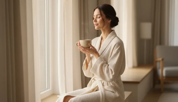 A woman in a cream robe sitting by a window at dawn with a cup of herbal tea, representing daily habits that calm both the nervous system and the skin.