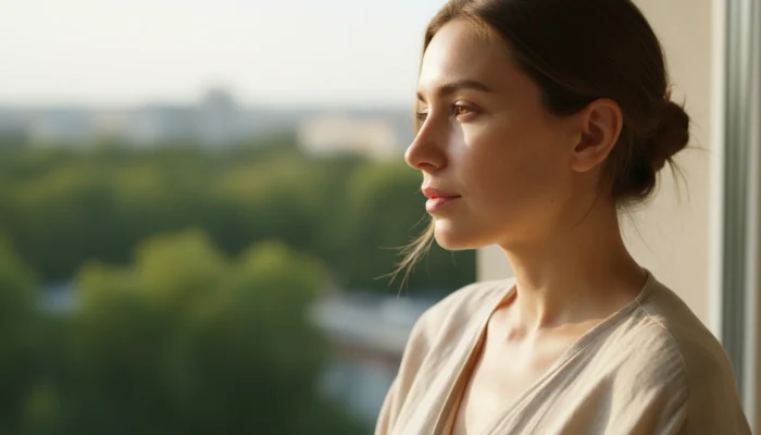 Woman with healthy glowing bare skin in soft morning light, showing natural results of consistent skincare habits and slow beauty
